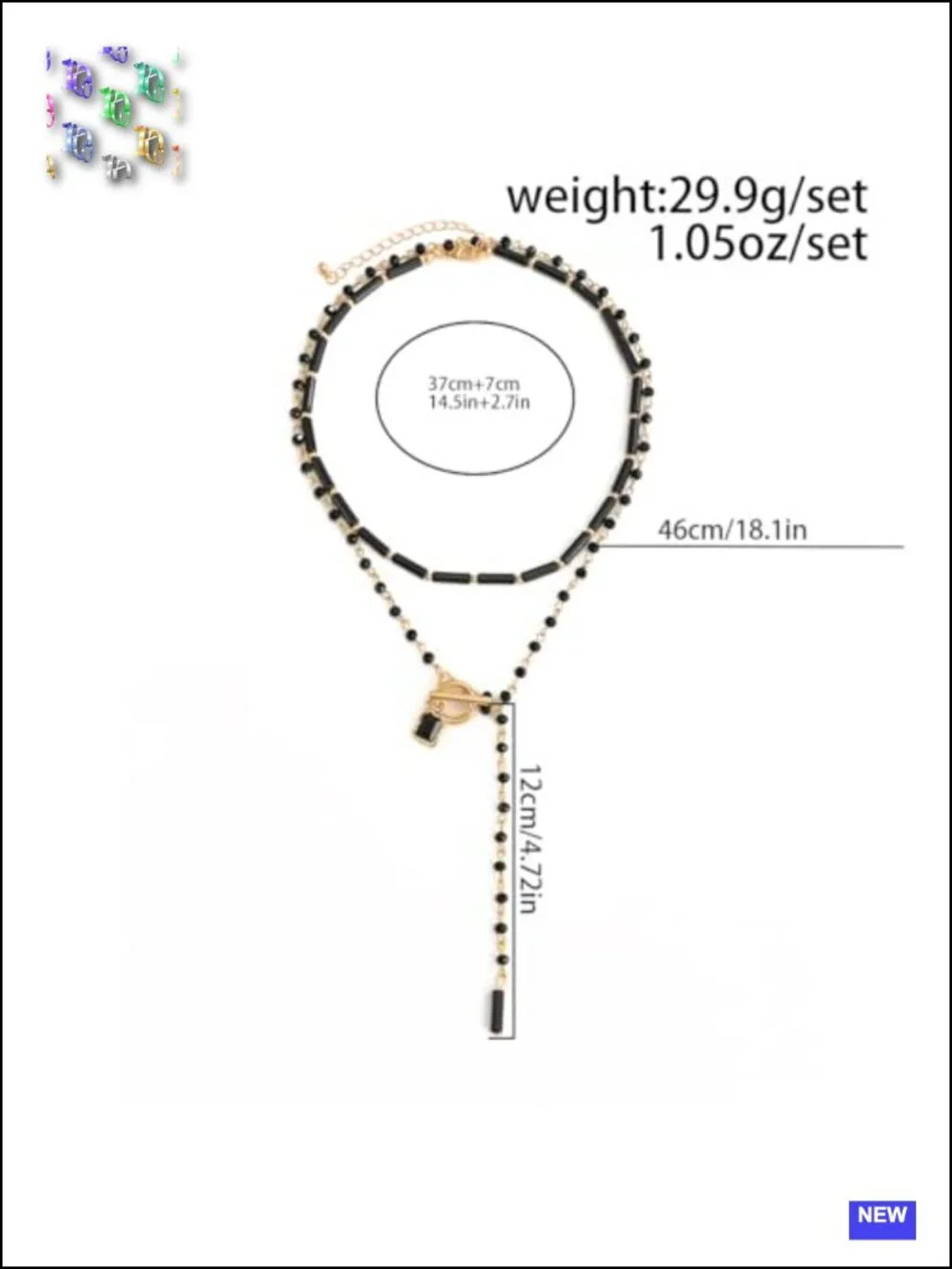 Lariat Necklace for Women, Black Beaded Y Necklace with Gold Tone Toggle Clasp